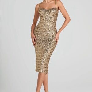 NADINE MERABI Metallic Gold Sequin Sweetheart Midi Dress